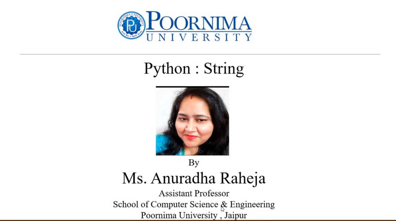Lecture by Ms. Anuradha Raheja - Python String
